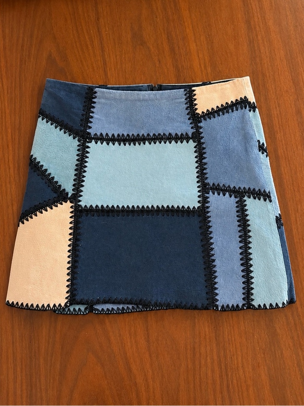 Zara Patchwork Mini Skirt in Navy, Light Blue & Beige